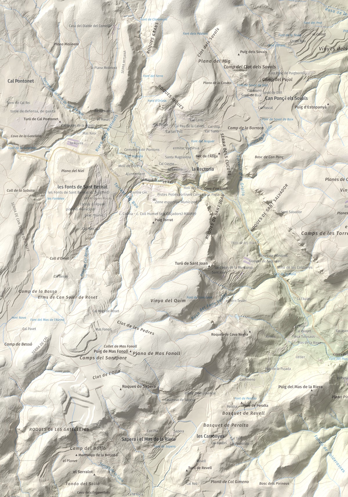 Mapa de relieve de Clapí Vell, 703 m, Alt Penedès, lámina 100 Cims de Trobart. Detalle de la zona superior izquierda. 70 × 100 cm.