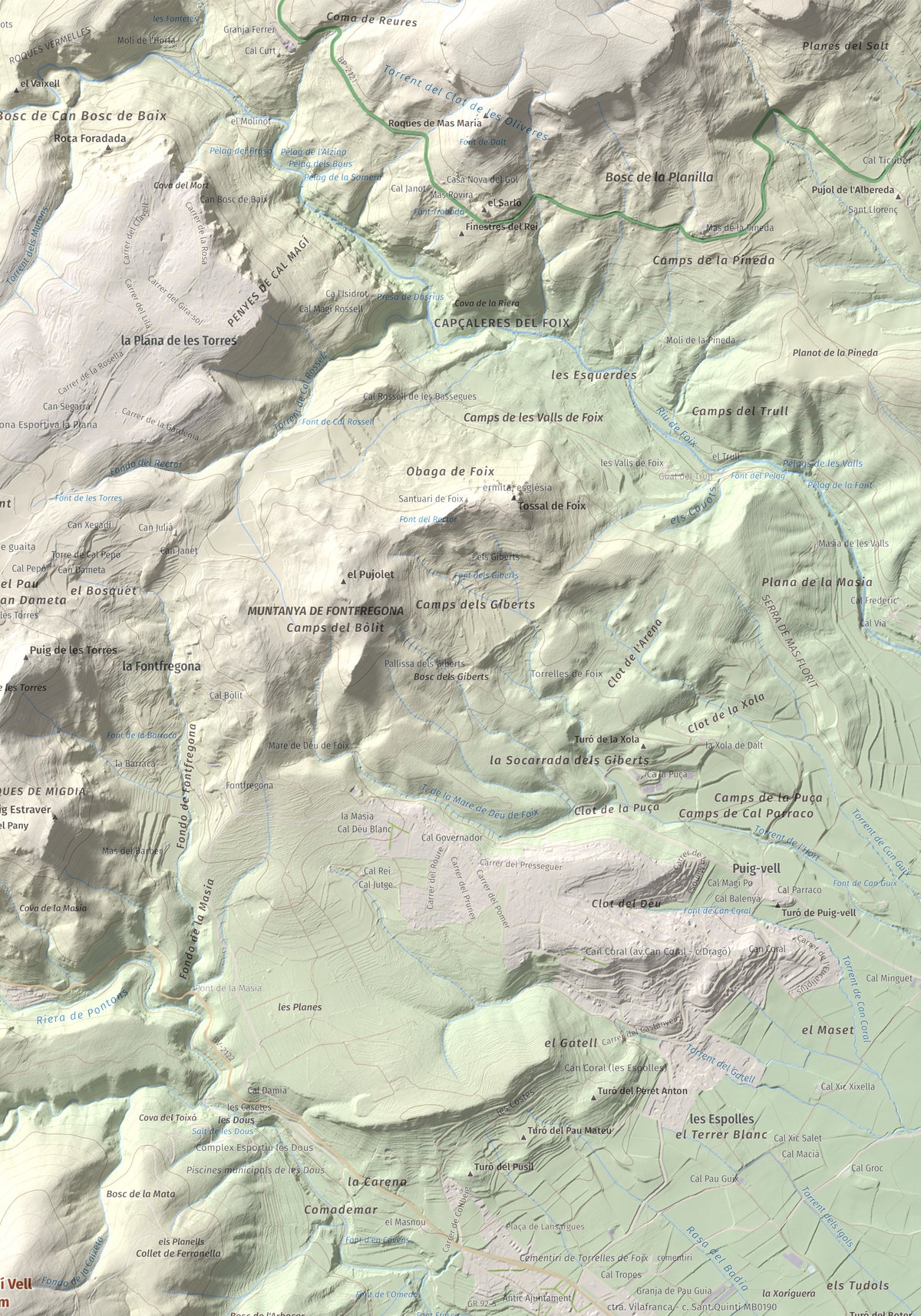 Mapa de relieve de Clapí Vell, 703 m, Alt Penedès, lámina 100 Cims de Trobart. Detalle de la zona superior derecha. 70 × 100 cm.