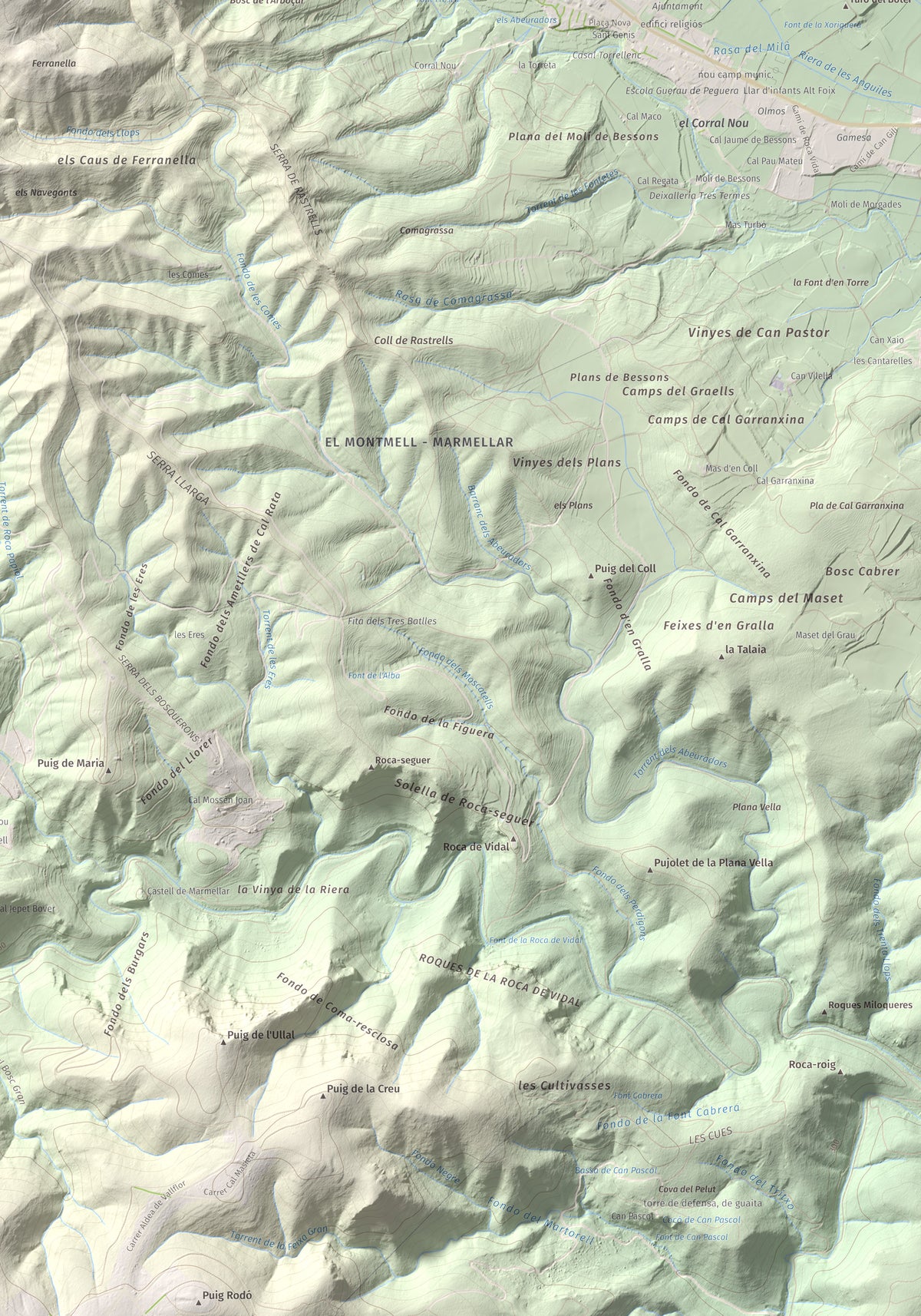 Mapa de relieve de Clapí Vell, 703 m, Alt Penedès, lámina 100 Cims de Trobart. Detalle de la zona inferior derecha. 70 × 100 cm.