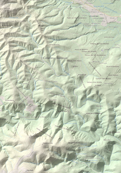 Mapa de relieve de Clapí Vell, 703 m, Alt Penedès, lámina 100 Cims de Trobart. Detalle de la zona inferior derecha. 70 × 100 cm.