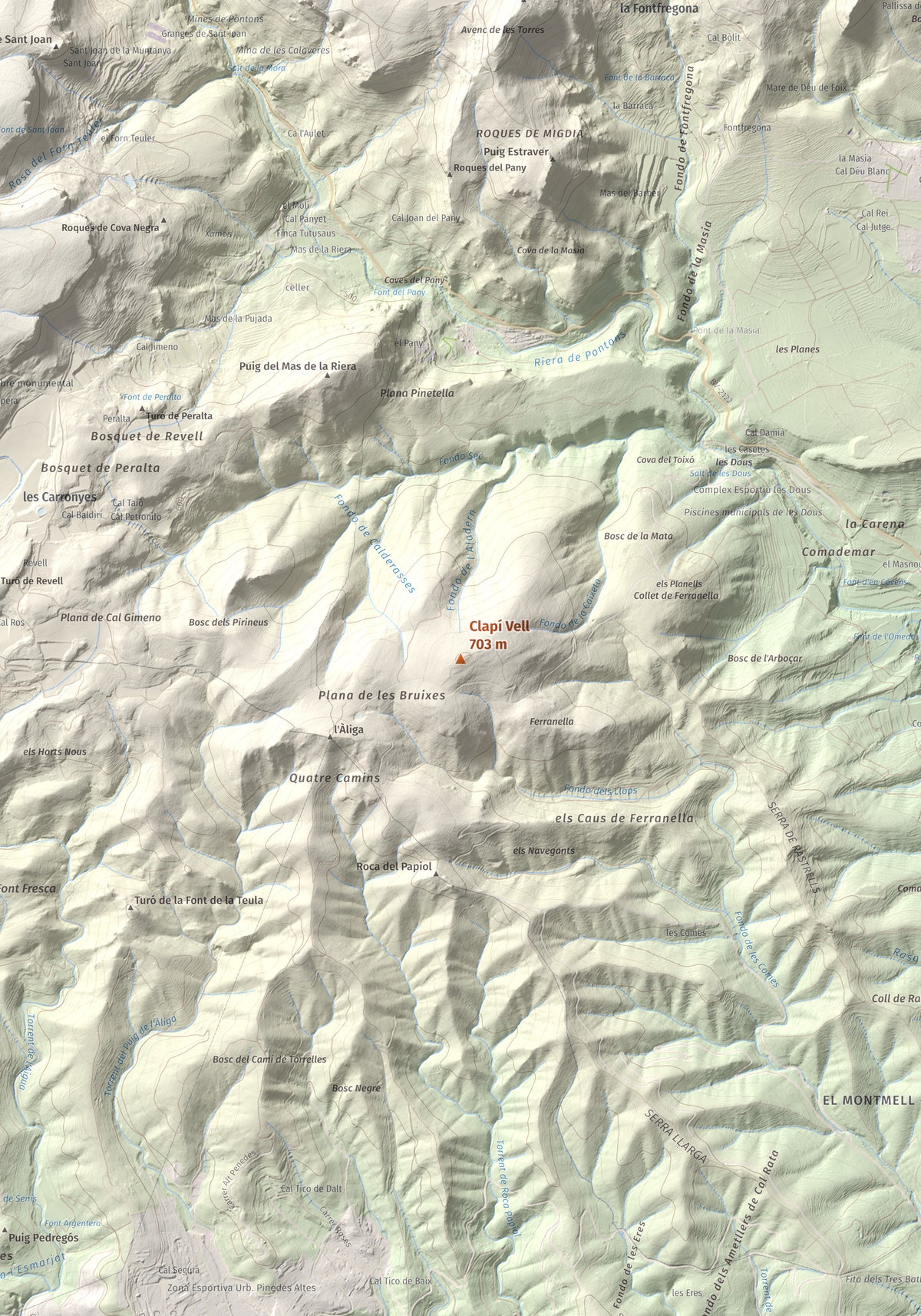 Mapa de relieve de Clapí Vell, 703 m, Alt Penedès, lámina 100 Cims de Trobart. Detalle de la zona central. 70 × 100 cm.