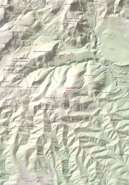 Mapa de relieve de Clapí Vell, 703 m, Alt Penedès, lámina 100 Cims de Trobart. Detalle de la zona central. 70 × 100 cm.
