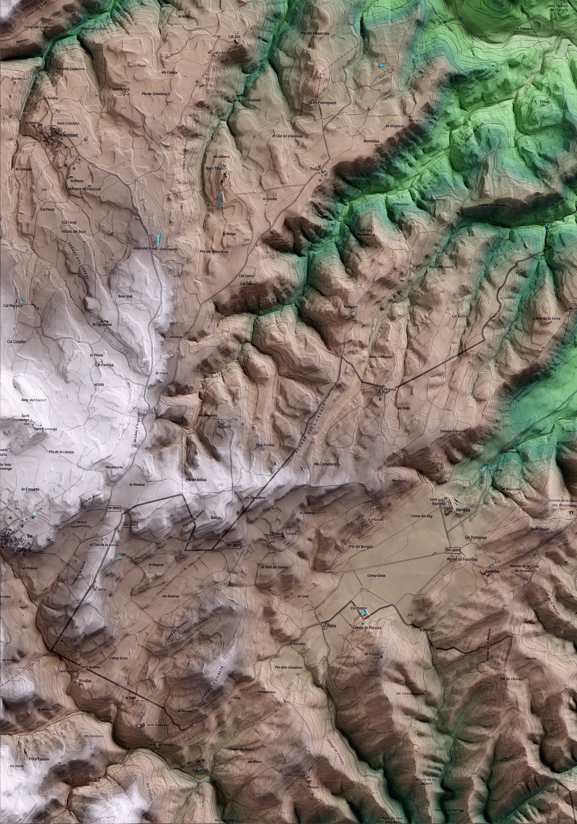 Mapa artístico del relieve de Clariana de Cardener, al Solsonès, con 15 km de entorno y base topográfica ICGC. Detalle de la zona inferior izquierda.