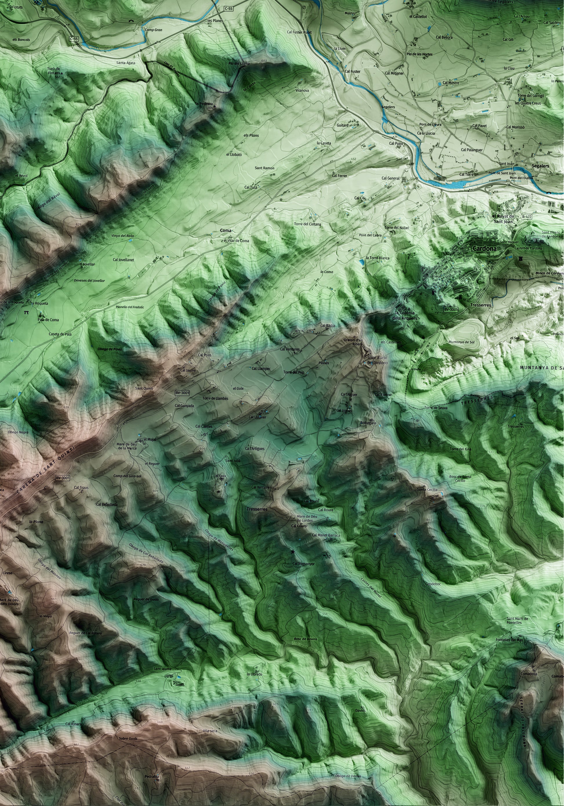 Mapa artístico del relieve de Clariana de Cardener, al Solsonès, con 15 km de entorno y base topográfica ICGC. Detalle de la zona inferior derecha.
