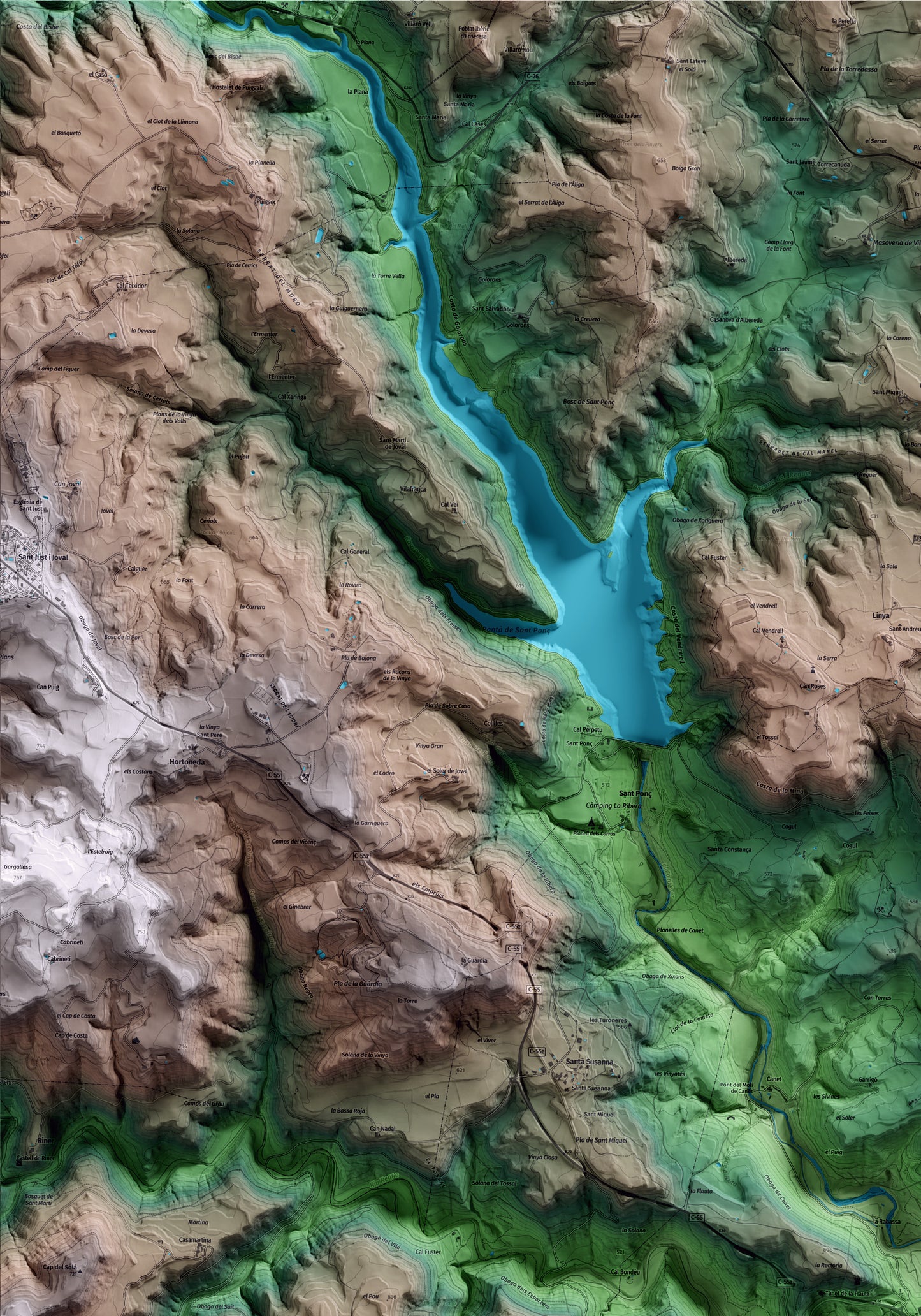 Mapa artístico del relieve de Clariana de Cardener, al Solsonès, con 15 km de entorno y base topográfica ICGC. Detalle de la zona superior izquierda.