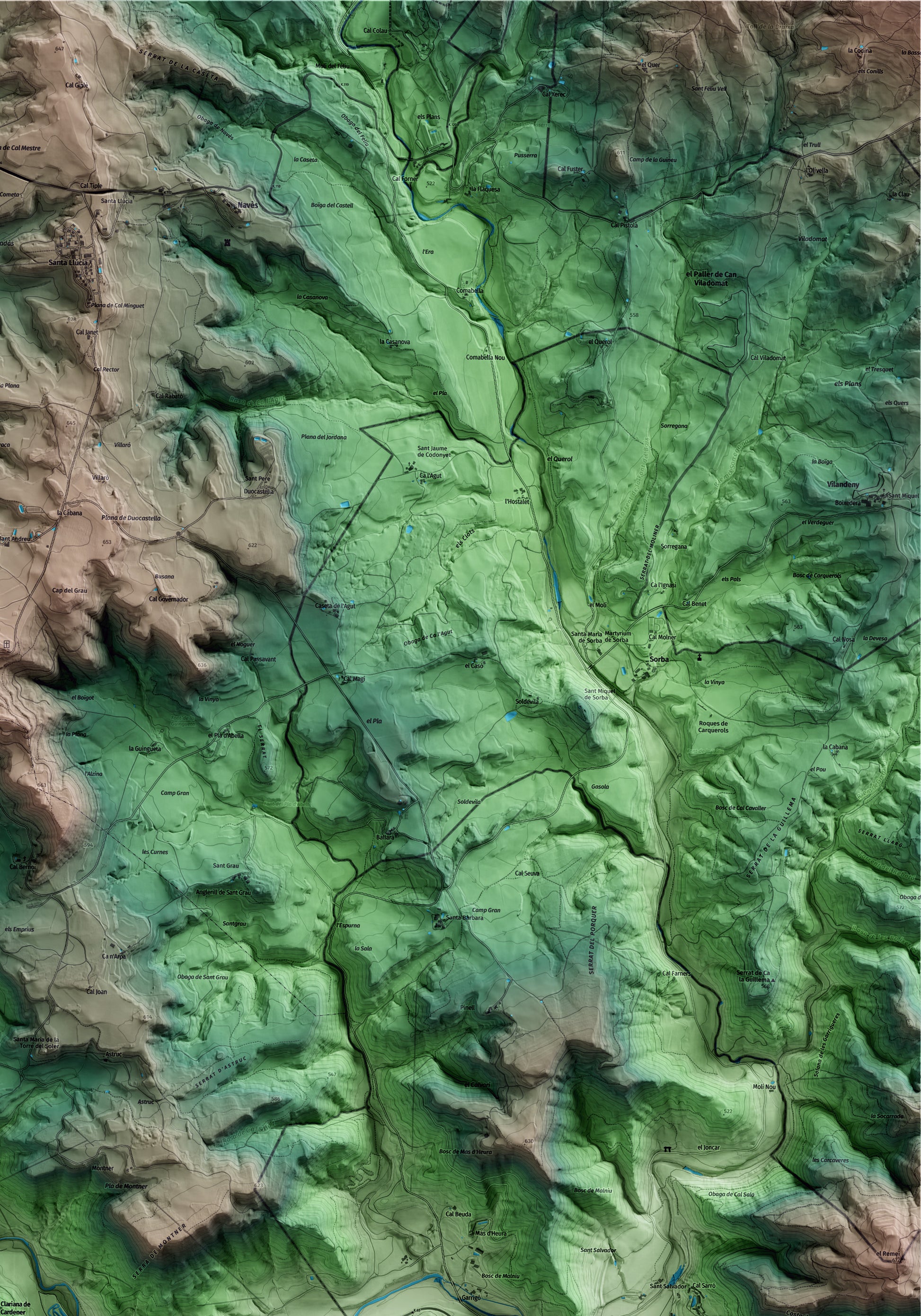 Mapa artístico del relieve de Clariana de Cardener, al Solsonès, con 15 km de entorno y base topográfica ICGC. Detalle de la zona superior derecha.