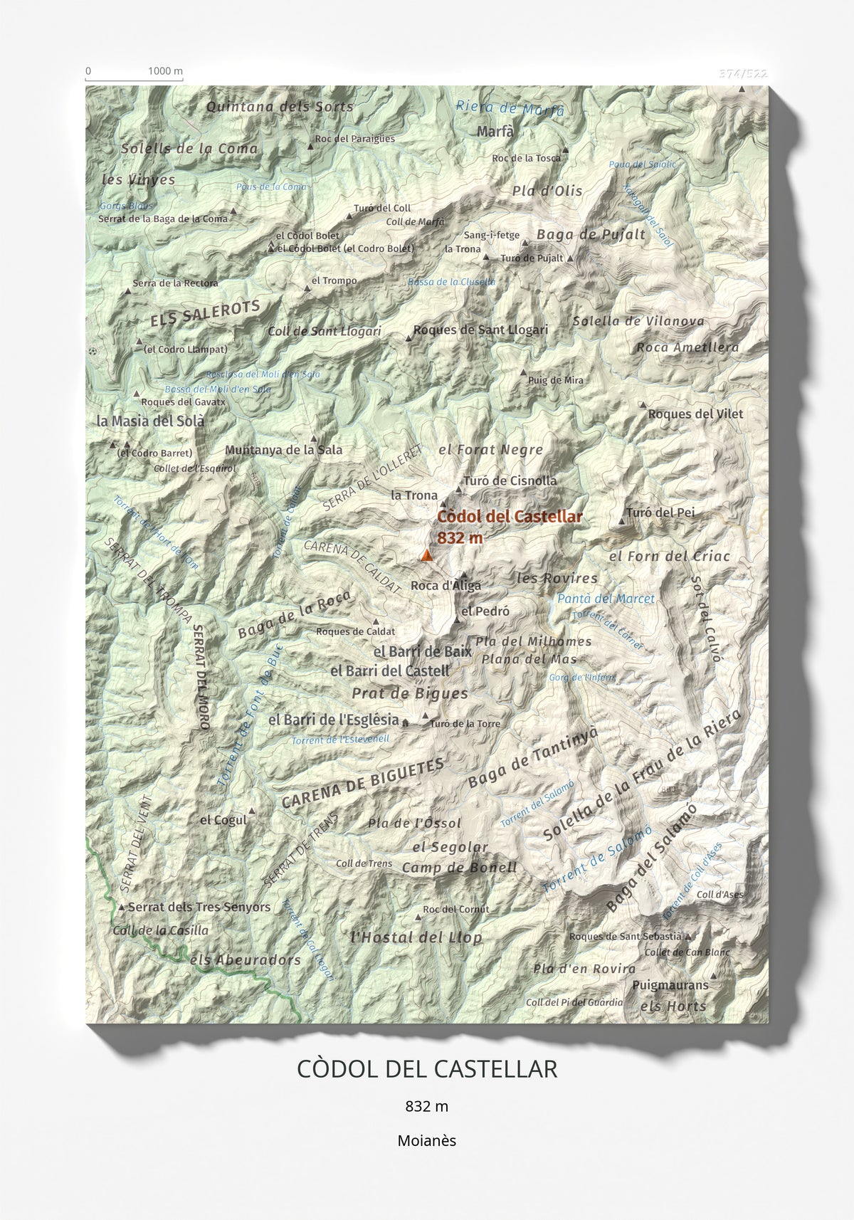Mapa de relieve de Còdol del Castellar, 832 m, Moianès, lámina 100 Cims de Trobart 21 × 30 cm.
