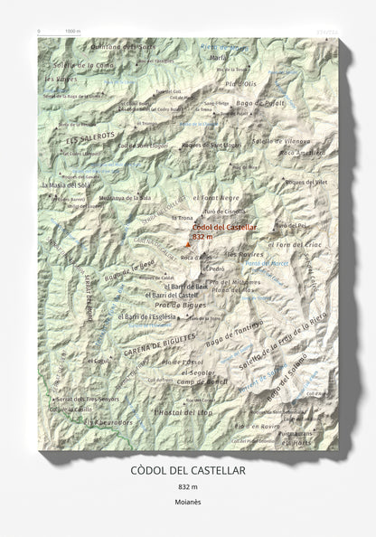 Mapa de relieve de Còdol del Castellar, 832 m, Moianès, lámina 100 Cims de Trobart 21 × 30 cm.