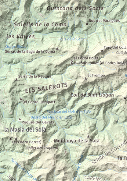 Mapa de relieve de Còdol del Castellar, 832 m, Moianès, lámina 100 Cims de Trobart. Detalle de la zona superior izquierda. 21 × 30 cm.