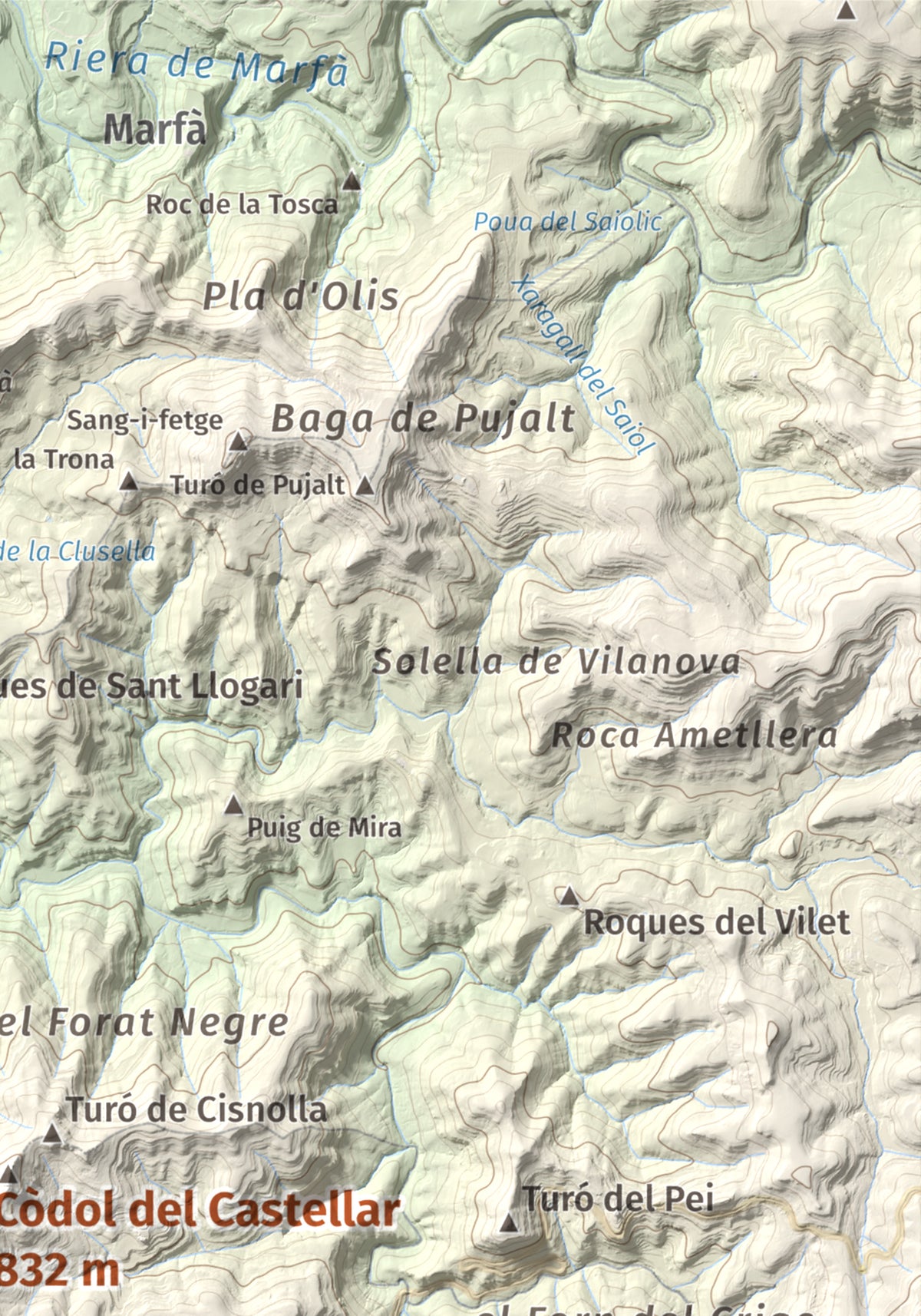 Mapa de relieve de Còdol del Castellar, 832 m, Moianès, lámina 100 Cims de Trobart. Detalle de la zona superior derecha. 21 × 30 cm.