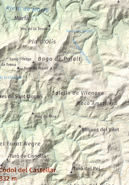 Mapa de relieve de Còdol del Castellar, 832 m, Moianès, lámina 100 Cims de Trobart. Detalle de la zona superior derecha. 21 × 30 cm.