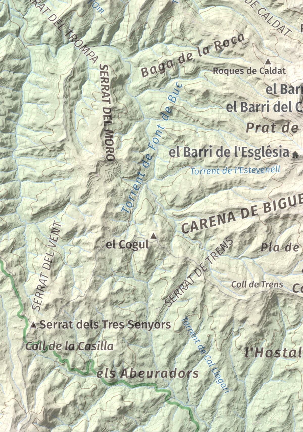 Mapa de relieve de Còdol del Castellar, 832 m, Moianès, lámina 100 Cims de Trobart. Detalle de la zona inferior izquierda. 21 × 30 cm.