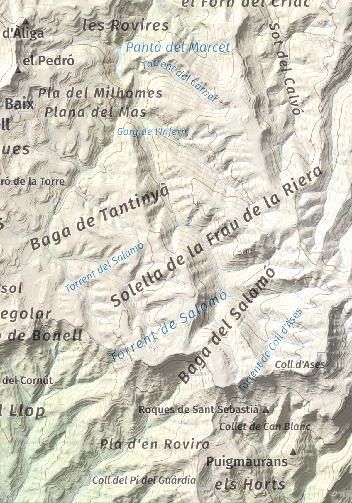 Mapa de relieve de Còdol del Castellar, 832 m, Moianès, lámina 100 Cims de Trobart. Detalle de la zona inferior derecha. 21 × 30 cm.