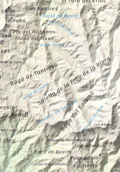Mapa de relieve de Còdol del Castellar, 832 m, Moianès, lámina 100 Cims de Trobart. Detalle de la zona inferior derecha. 21 × 30 cm.