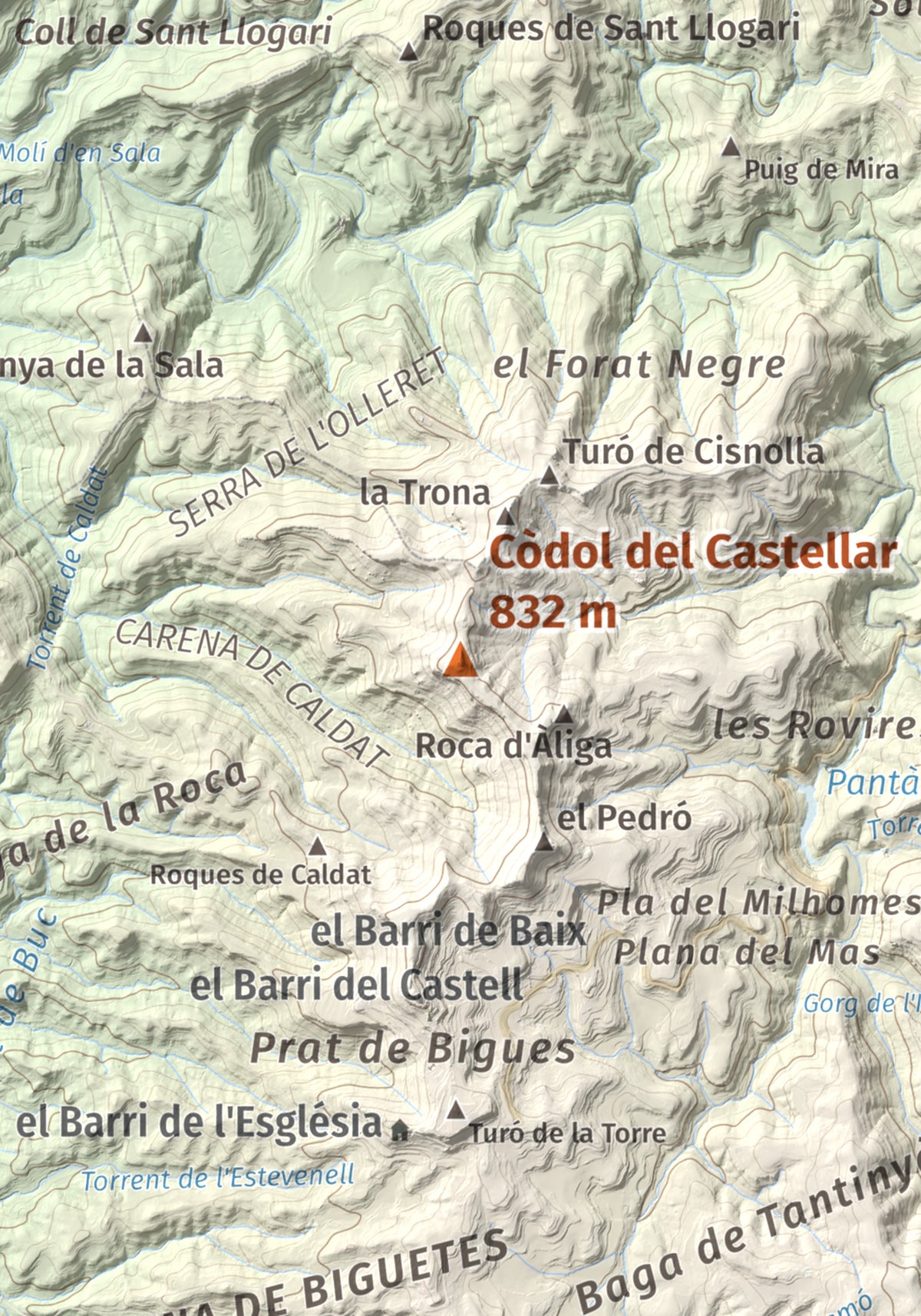 Mapa de relieve de Còdol del Castellar, 832 m, Moianès, lámina 100 Cims de Trobart. Detalle de la zona central. 21 × 30 cm.