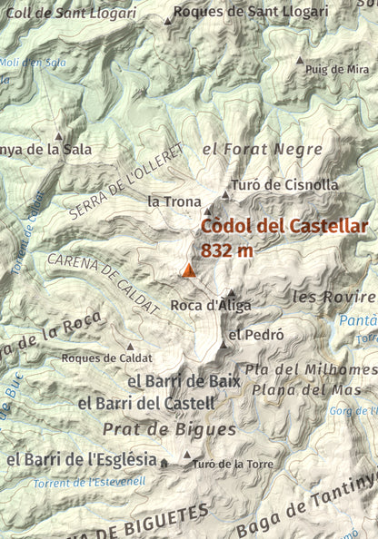 Mapa de relieve de Còdol del Castellar, 832 m, Moianès, lámina 100 Cims de Trobart. Detalle de la zona central. 21 × 30 cm.