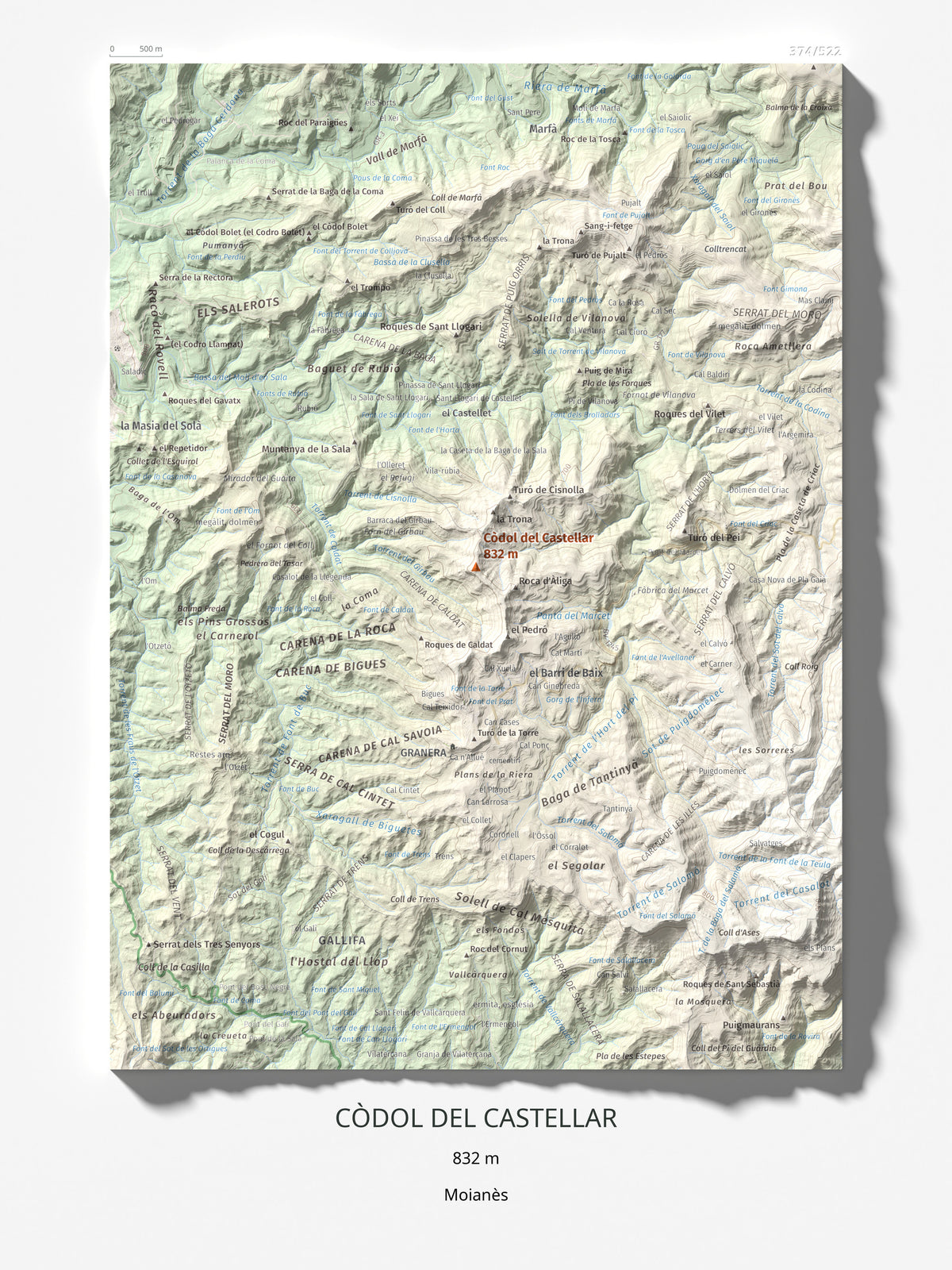 Mapa de relieve de Còdol del Castellar, 832 m, Moianès, lámina 100 Cims de Trobart 30 × 40 cm.