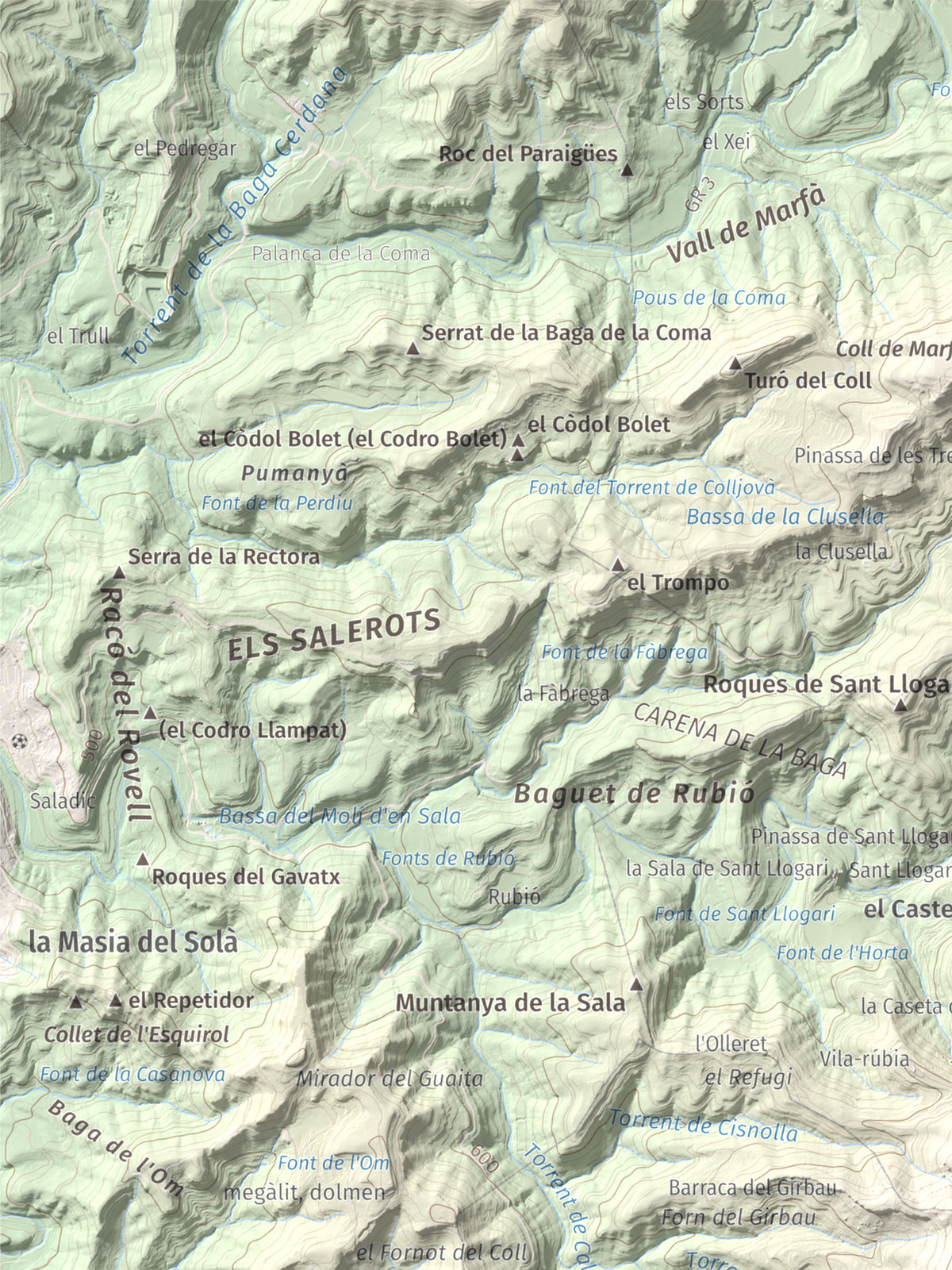 Mapa de relieve de Còdol del Castellar, 832 m, Moianès, lámina 100 Cims de Trobart. Detalle de la zona superior izquierda. 30 × 40 cm.