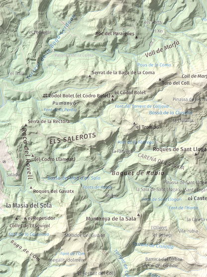 Mapa de relieve de Còdol del Castellar, 832 m, Moianès, lámina 100 Cims de Trobart. Detalle de la zona superior izquierda. 30 × 40 cm.