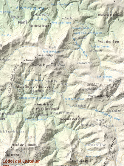 Mapa de relieve de Còdol del Castellar, 832 m, Moianès, lámina 100 Cims de Trobart. Detalle de la zona superior derecha. 30 × 40 cm.