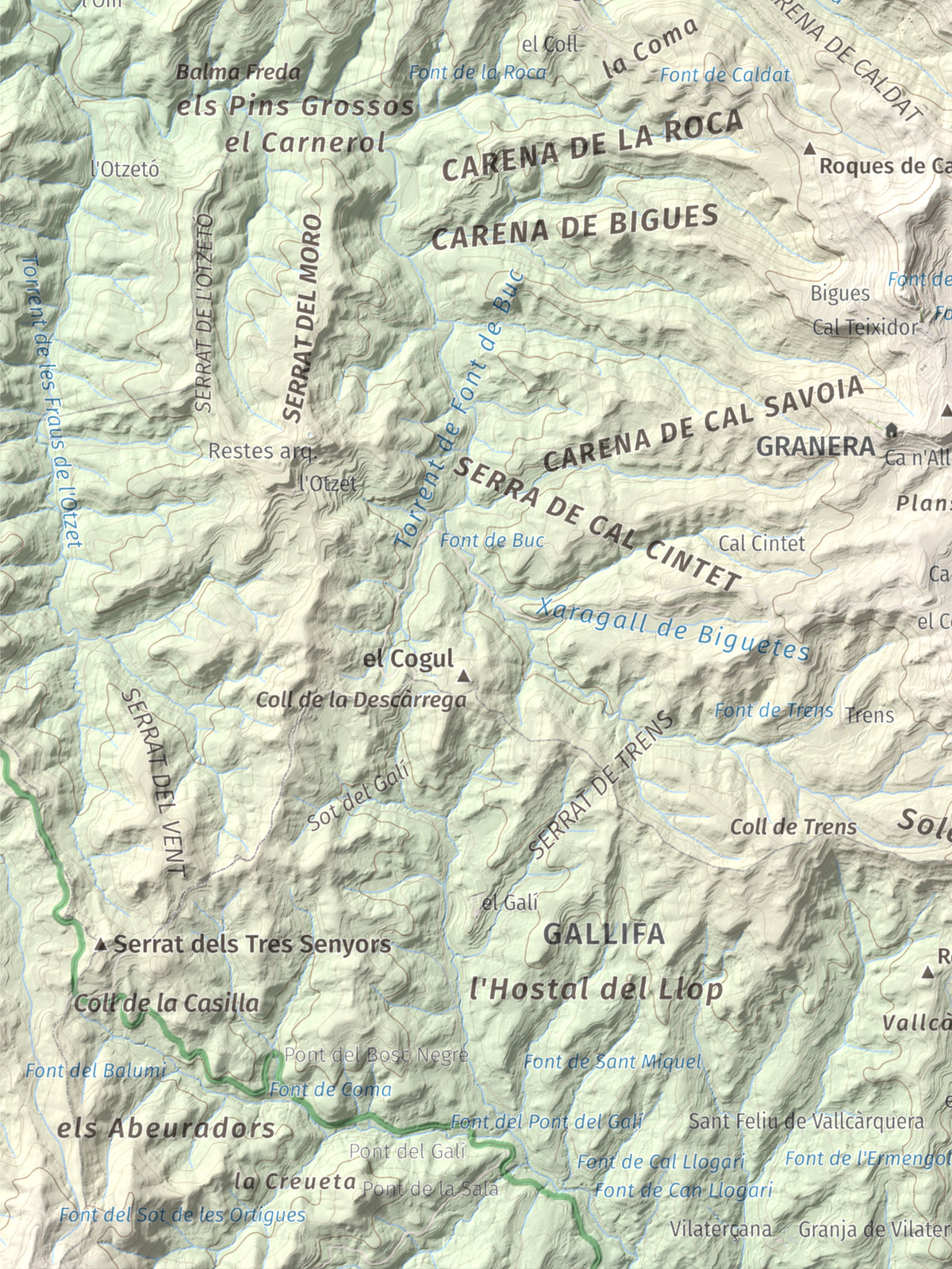 Mapa de relieve de Còdol del Castellar, 832 m, Moianès, lámina 100 Cims de Trobart. Detalle de la zona inferior izquierda. 30 × 40 cm.