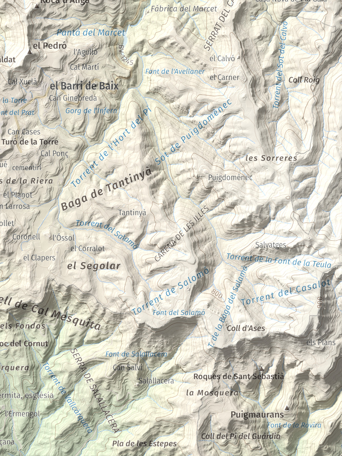 Mapa de relieve de Còdol del Castellar, 832 m, Moianès, lámina 100 Cims de Trobart. Detalle de la zona inferior derecha. 30 × 40 cm.