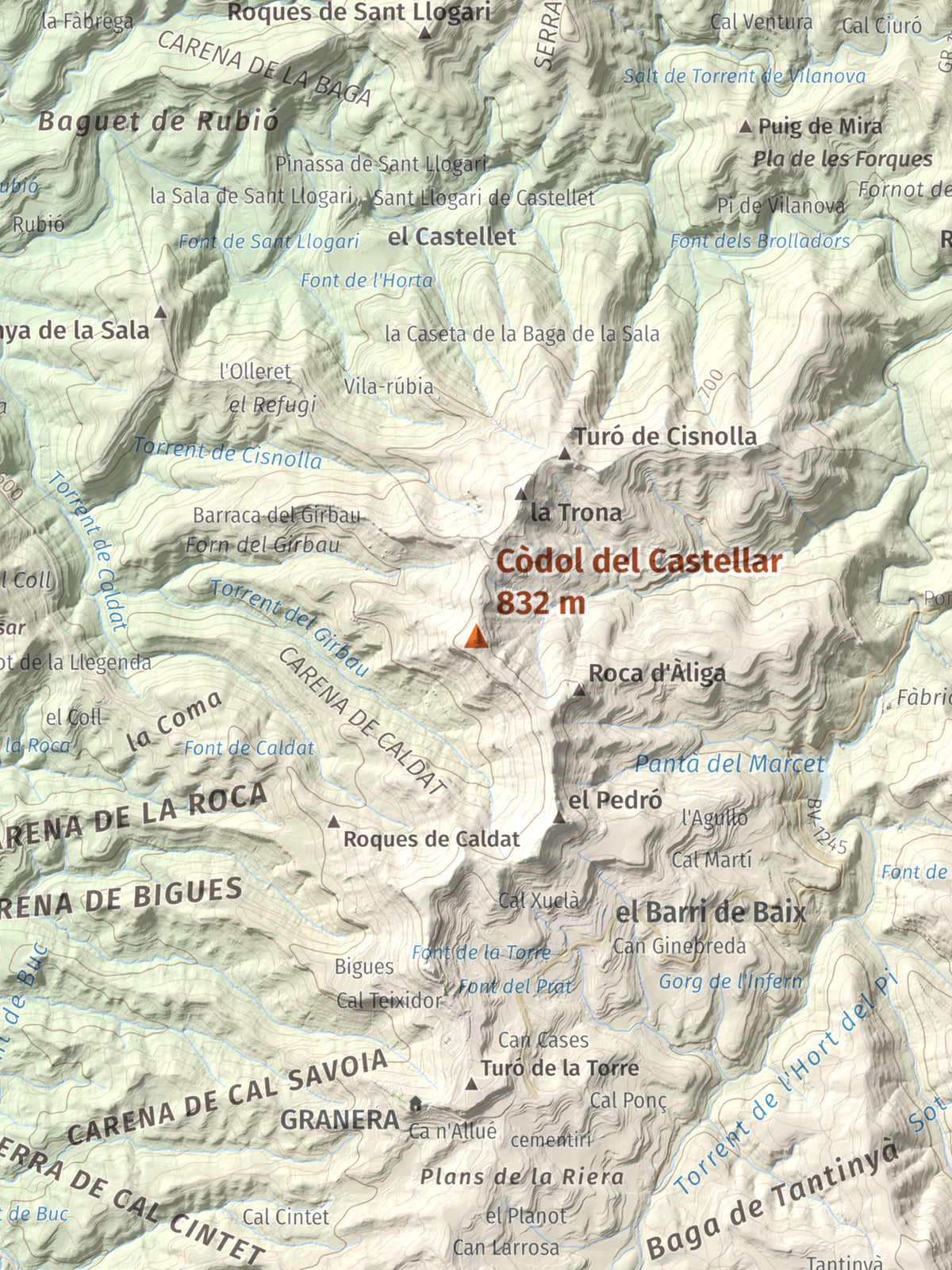 Mapa de relieve de Còdol del Castellar, 832 m, Moianès, lámina 100 Cims de Trobart. Detalle de la zona central. 30 × 40 cm.