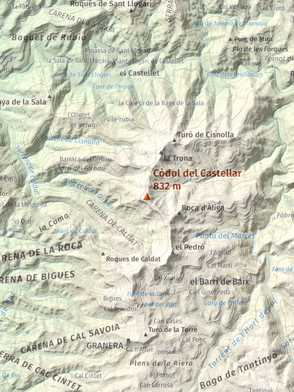 Mapa de relieve de Còdol del Castellar, 832 m, Moianès, lámina 100 Cims de Trobart. Detalle de la zona central. 30 × 40 cm.