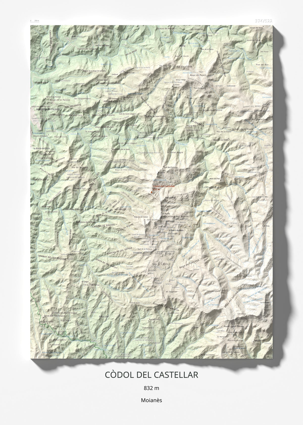 Mapa de relieve de Còdol del Castellar, 832 m, Moianès, lámina 100 Cims de Trobart 50 × 70 cm.
