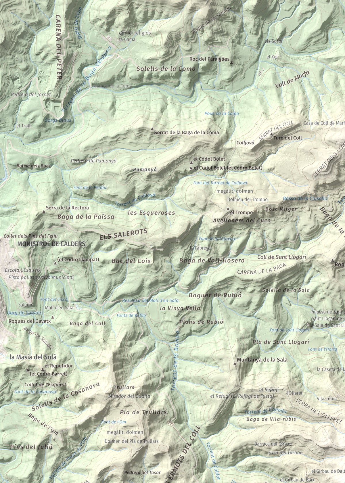 Mapa de relieve de Còdol del Castellar, 832 m, Moianès, lámina 100 Cims de Trobart. Detalle de la zona superior izquierda. 50 × 70 cm.
