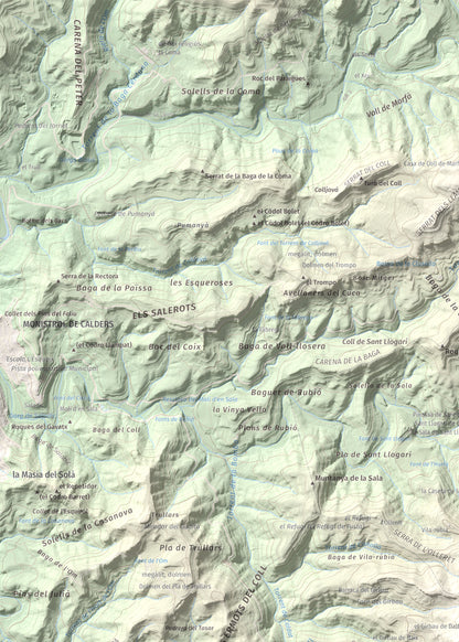 Mapa de relieve de Còdol del Castellar, 832 m, Moianès, lámina 100 Cims de Trobart. Detalle de la zona superior izquierda. 50 × 70 cm.