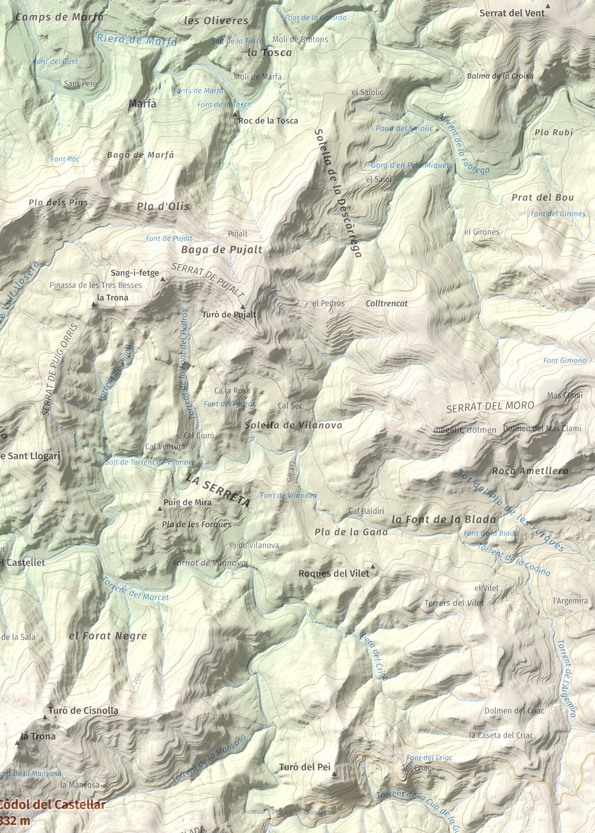 Mapa de relieve de Còdol del Castellar, 832 m, Moianès, lámina 100 Cims de Trobart. Detalle de la zona superior derecha. 50 × 70 cm.