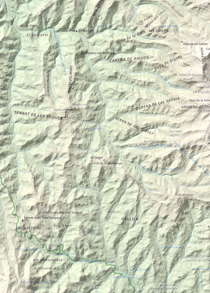 Mapa de relieve de Còdol del Castellar, 832 m, Moianès, lámina 100 Cims de Trobart. Detalle de la zona inferior izquierda. 50 × 70 cm.