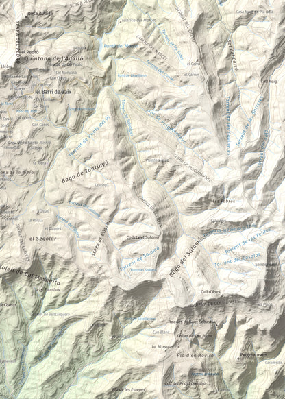 Mapa de relieve de Còdol del Castellar, 832 m, Moianès, lámina 100 Cims de Trobart. Detalle de la zona inferior derecha. 50 × 70 cm.