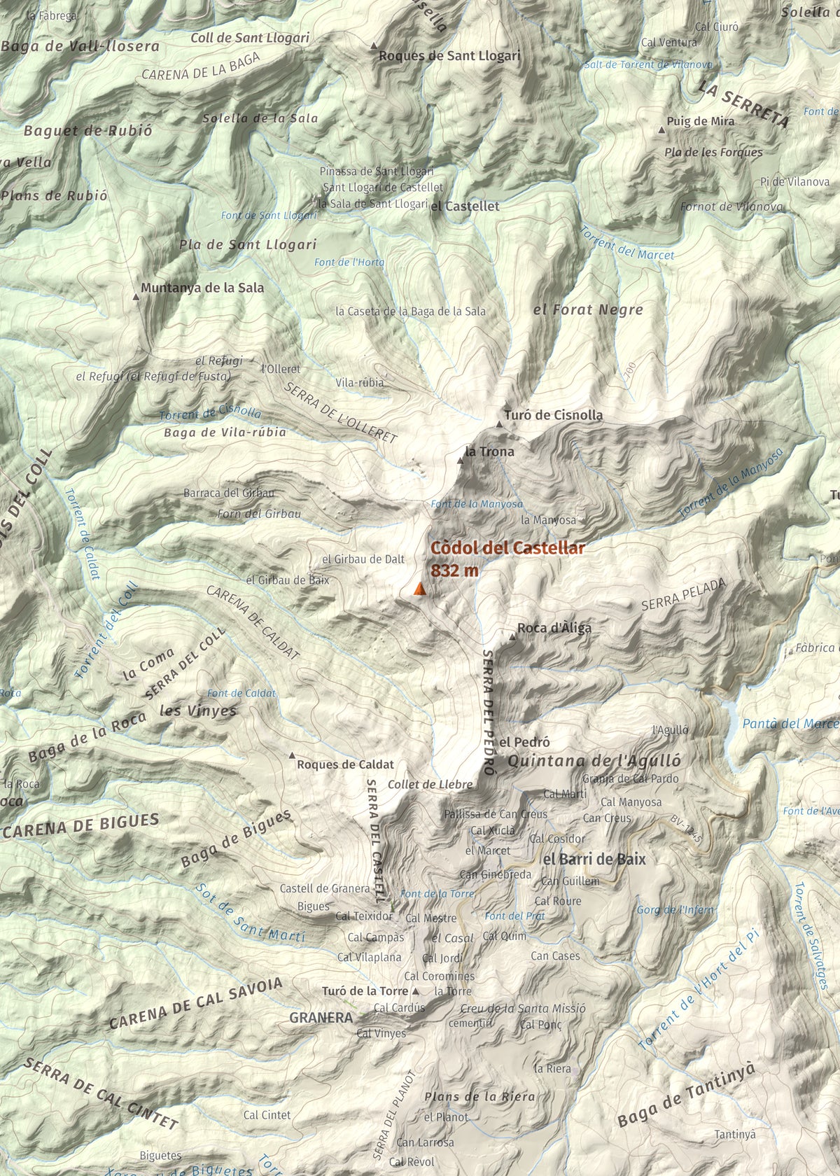 Mapa de relieve de Còdol del Castellar, 832 m, Moianès, lámina 100 Cims de Trobart. Detalle de la zona central. 50 × 70 cm.