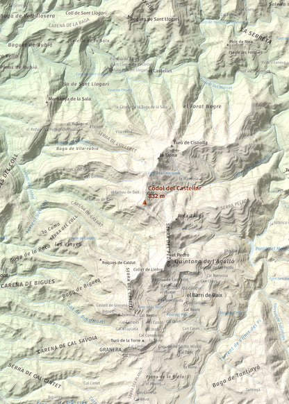 Mapa de relieve de Còdol del Castellar, 832 m, Moianès, lámina 100 Cims de Trobart. Detalle de la zona central. 50 × 70 cm.