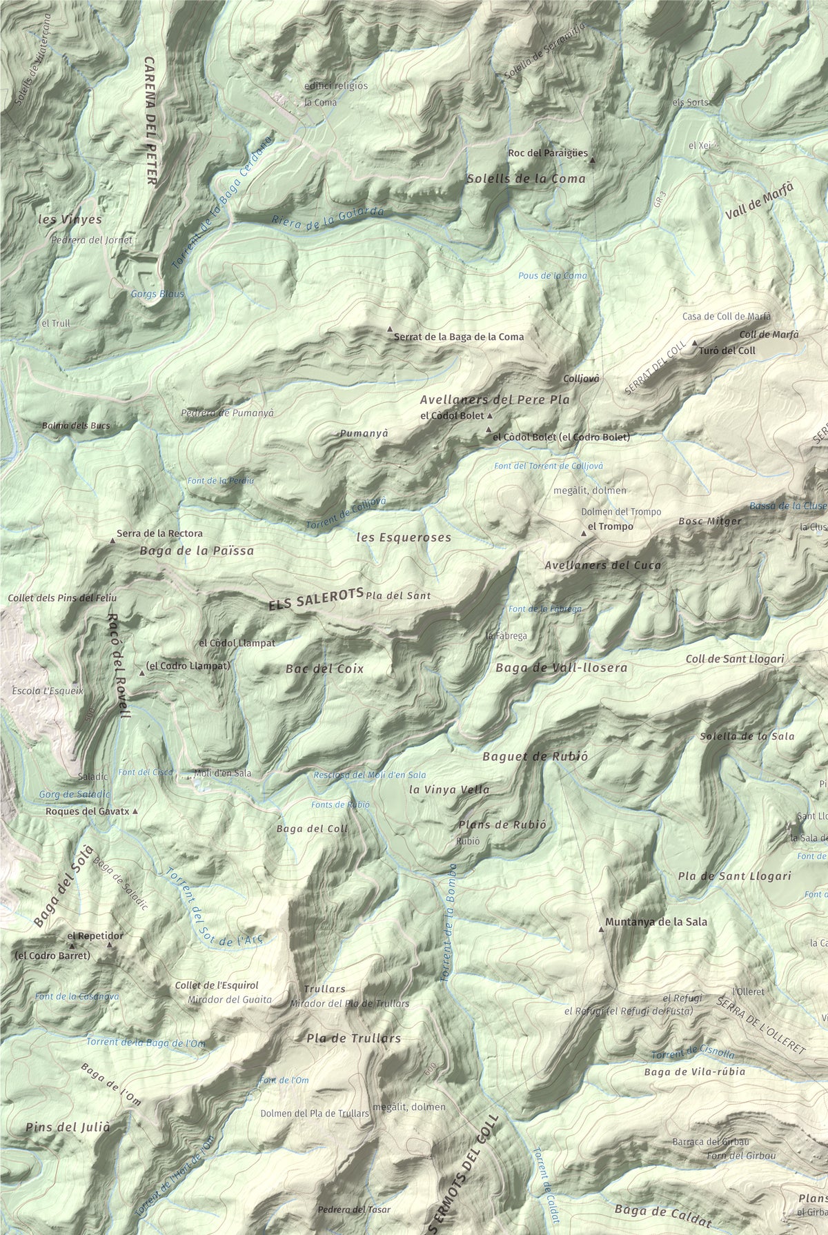 Mapa de relieve de Còdol del Castellar, 832 m, Moianès, lámina 100 Cims de Trobart. Detalle de la zona superior izquierda. 61 × 91 cm.