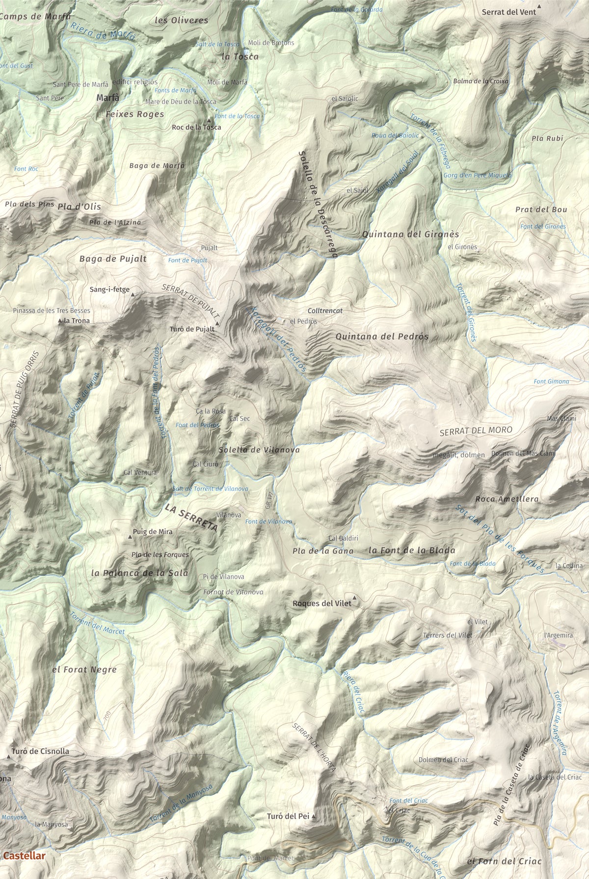 Mapa de relieve de Còdol del Castellar, 832 m, Moianès, lámina 100 Cims de Trobart. Detalle de la zona superior derecha. 61 × 91 cm.