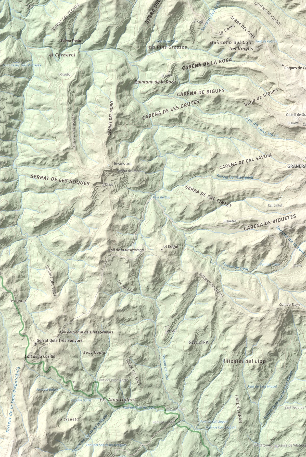 Mapa de relieve de Còdol del Castellar, 832 m, Moianès, lámina 100 Cims de Trobart. Detalle de la zona inferior izquierda. 61 × 91 cm.