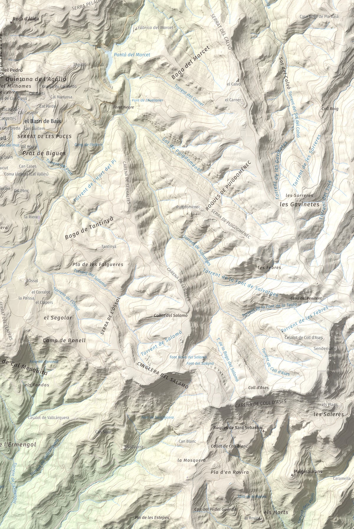 Mapa de relieve de Còdol del Castellar, 832 m, Moianès, lámina 100 Cims de Trobart. Detalle de la zona inferior derecha. 61 × 91 cm.