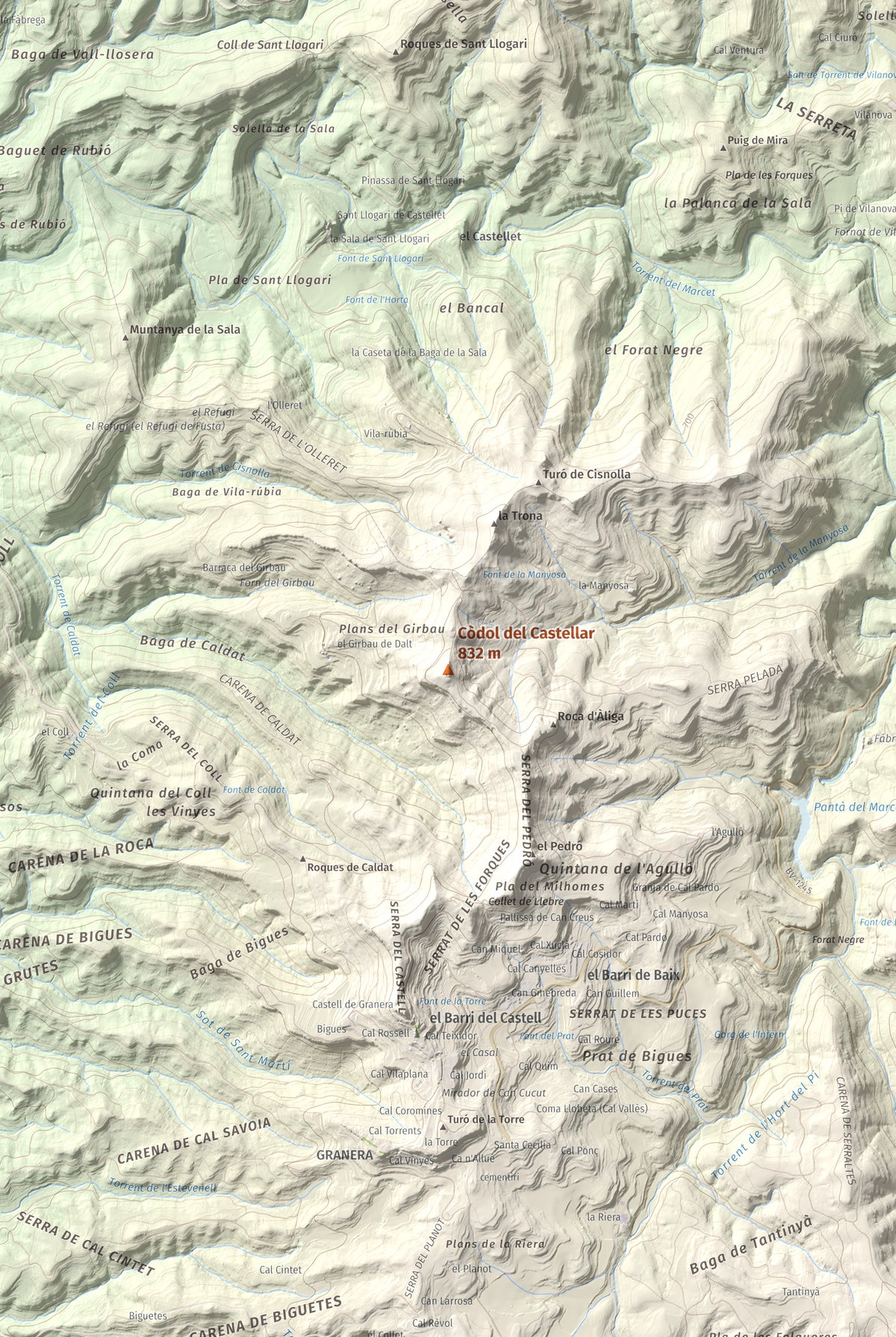 Mapa de relieve de Còdol del Castellar, 832 m, Moianès, lámina 100 Cims de Trobart. Detalle de la zona central. 61 × 91 cm.