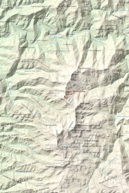 Mapa de relieve de Còdol del Castellar, 832 m, Moianès, lámina 100 Cims de Trobart. Detalle de la zona central. 61 × 91 cm.