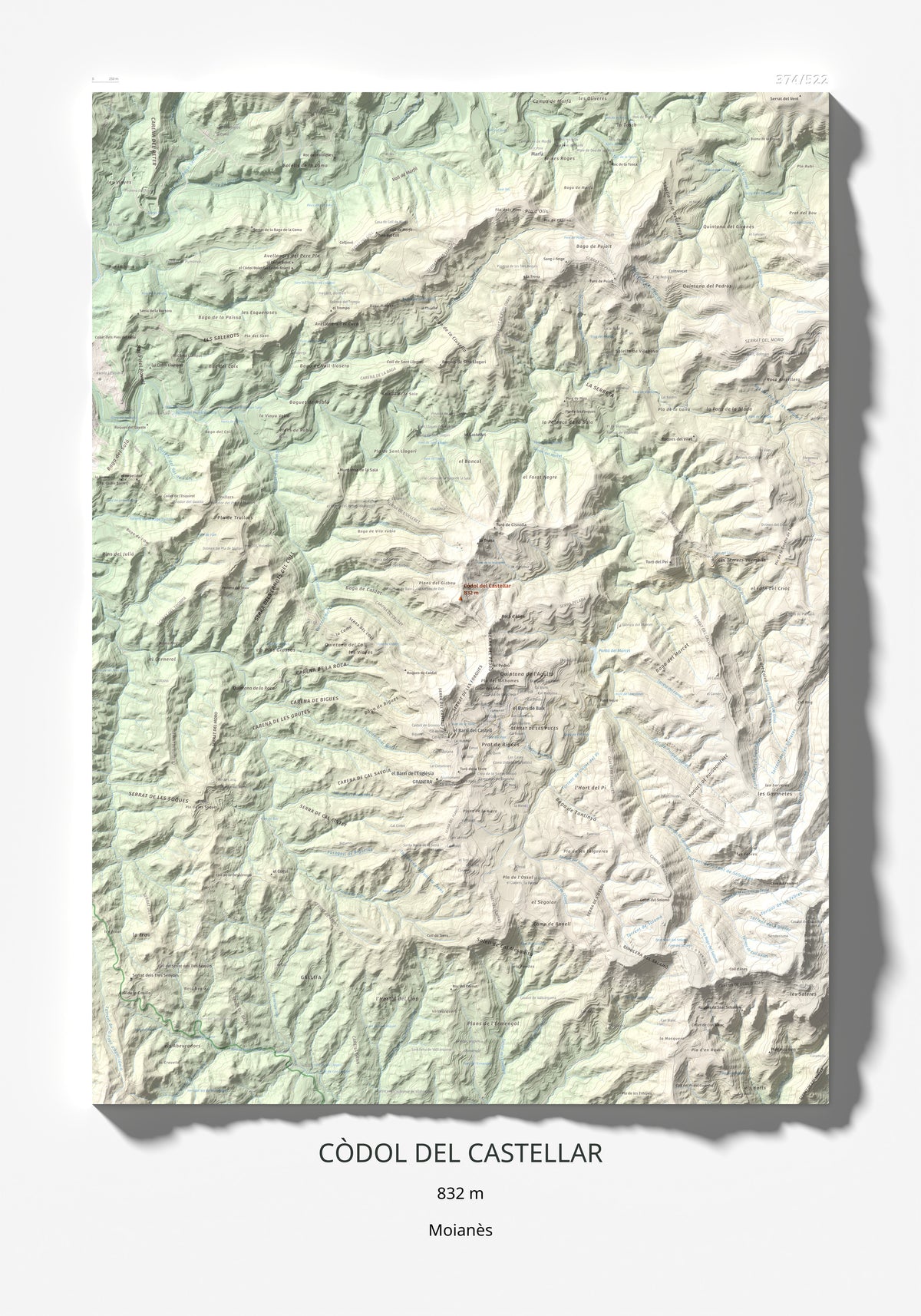 Mapa de relieve de Còdol del Castellar, 832 m, Moianès, lámina 100 Cims de Trobart 70 × 100 cm.