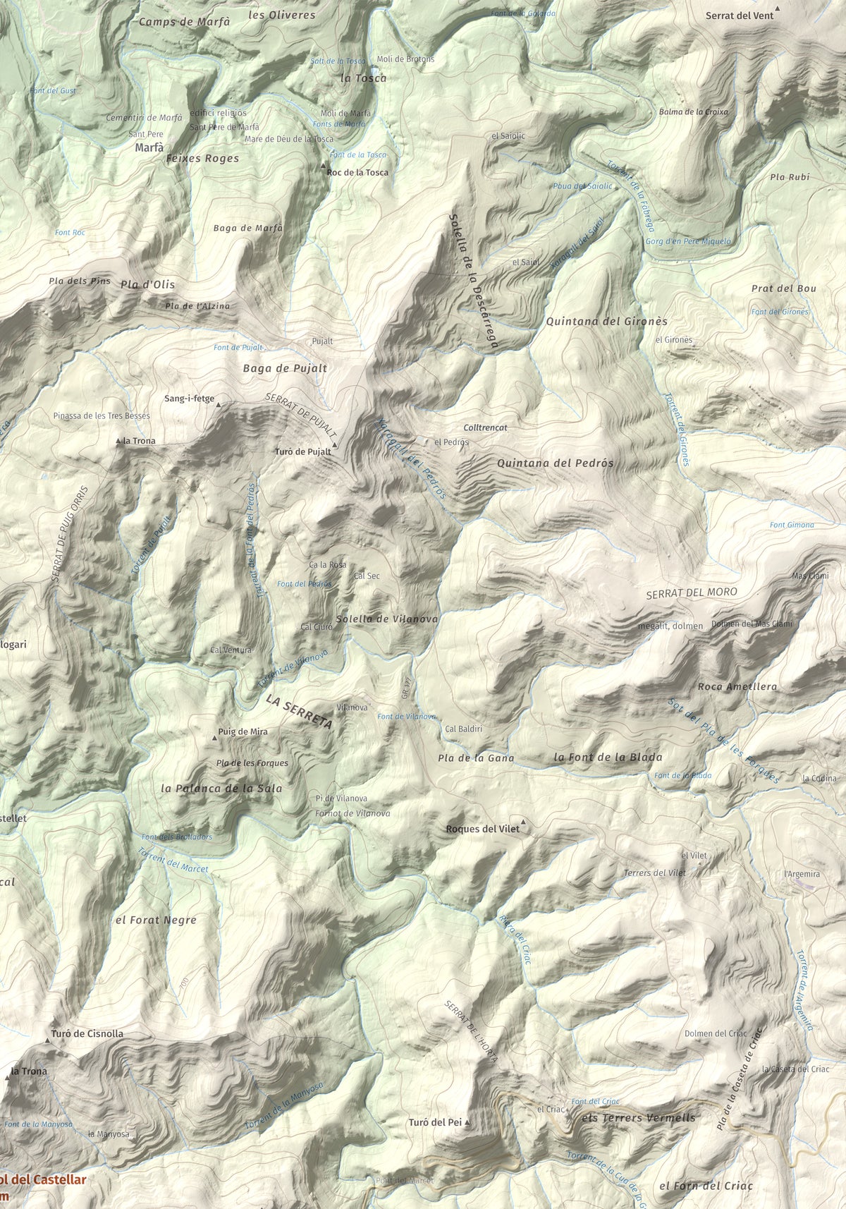 Mapa de relieve de Còdol del Castellar, 832 m, Moianès, lámina 100 Cims de Trobart. Detalle de la zona superior derecha. 70 × 100 cm.