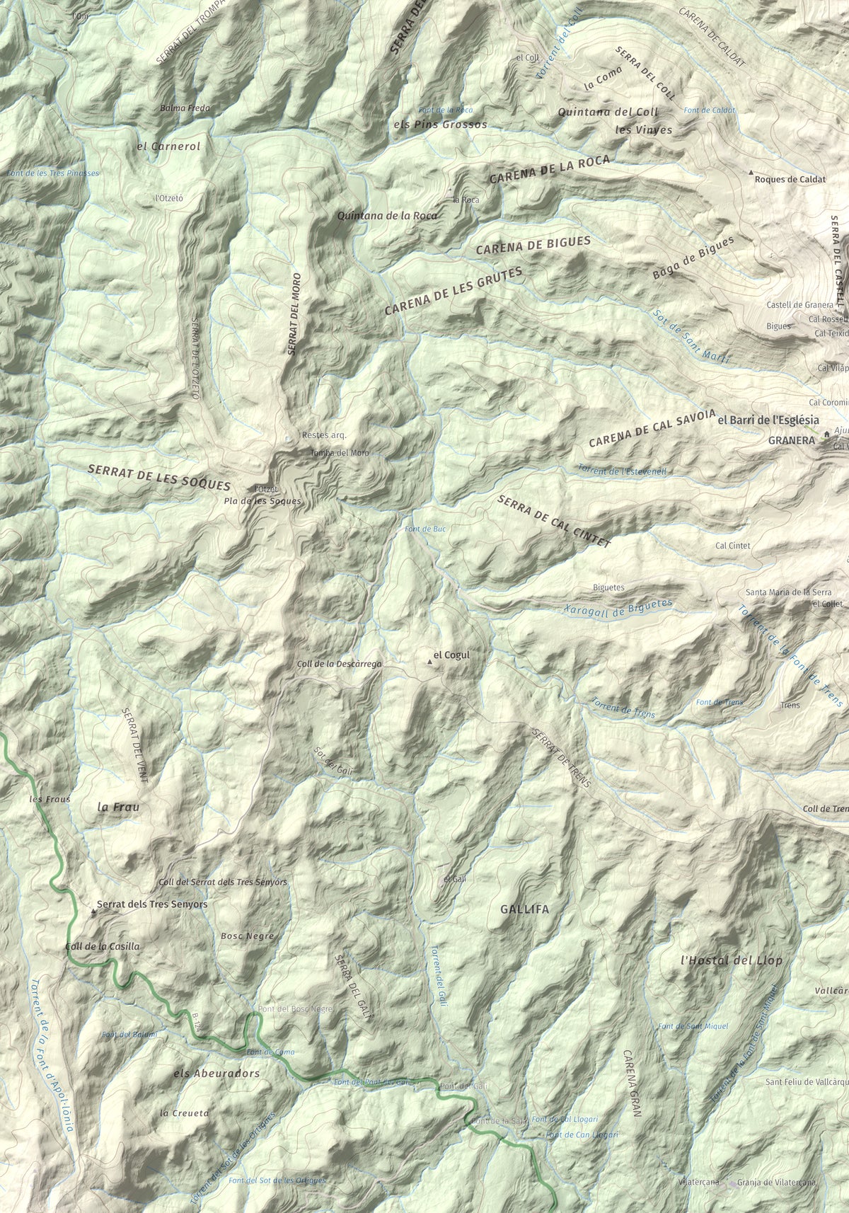 Mapa de relieve de Còdol del Castellar, 832 m, Moianès, lámina 100 Cims de Trobart. Detalle de la zona inferior izquierda. 70 × 100 cm.