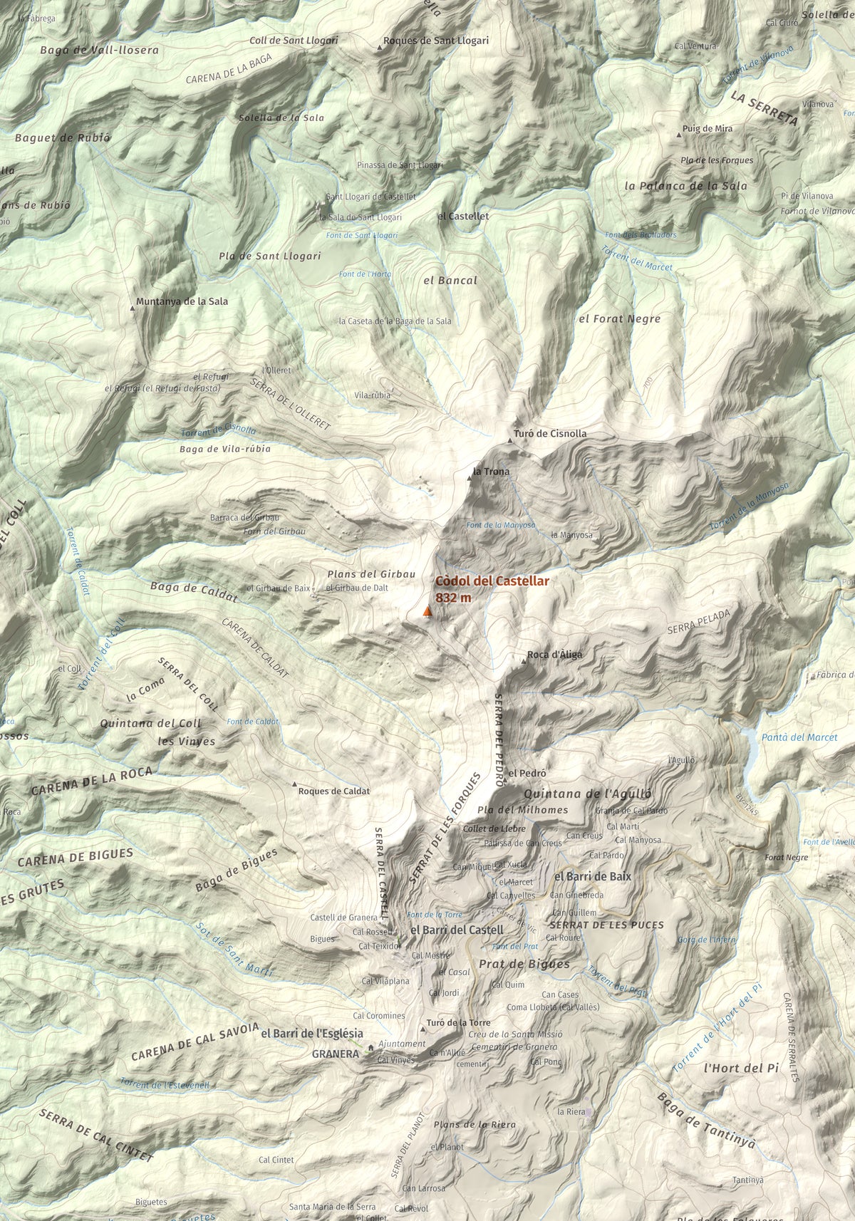 Mapa de relieve de Còdol del Castellar, 832 m, Moianès, lámina 100 Cims de Trobart. Detalle de la zona central. 70 × 100 cm.