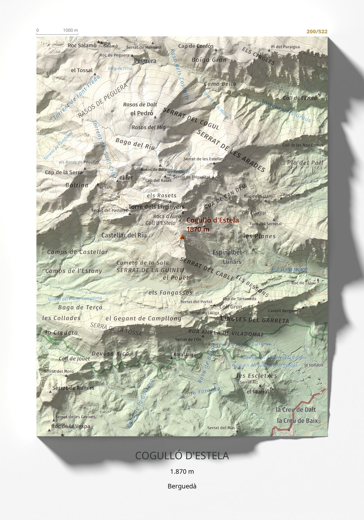 Mapa de relieve de Cogulló d'Estela, 1870 m, Berguedà, lámina 100 Cims de Trobart 21 × 30 cm.
