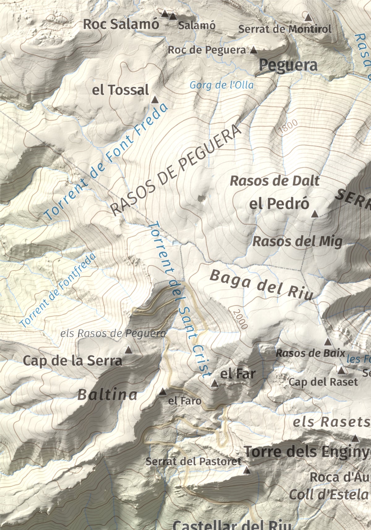 Mapa de relieve de Cogulló d'Estela, 1870 m, Berguedà, lámina 100 Cims de Trobart. Detalle de la zona superior izquierda. 21 × 30 cm.