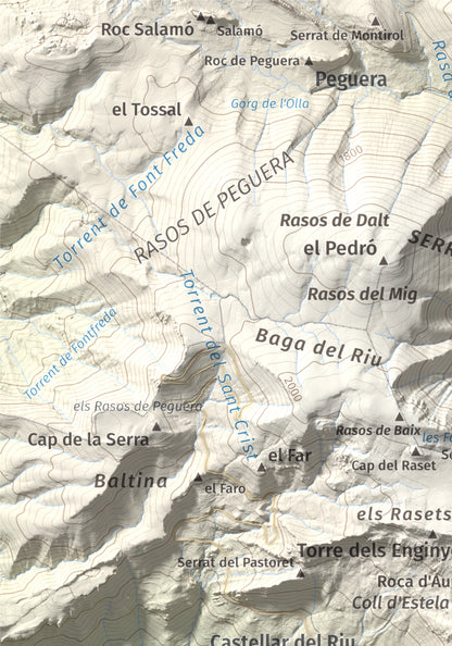 Mapa de relieve de Cogulló d'Estela, 1870 m, Berguedà, lámina 100 Cims de Trobart. Detalle de la zona superior izquierda. 21 × 30 cm.