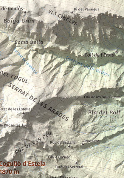 Mapa de relieve de Cogulló d'Estela, 1870 m, Berguedà, lámina 100 Cims de Trobart. Detalle de la zona superior derecha. 21 × 30 cm.